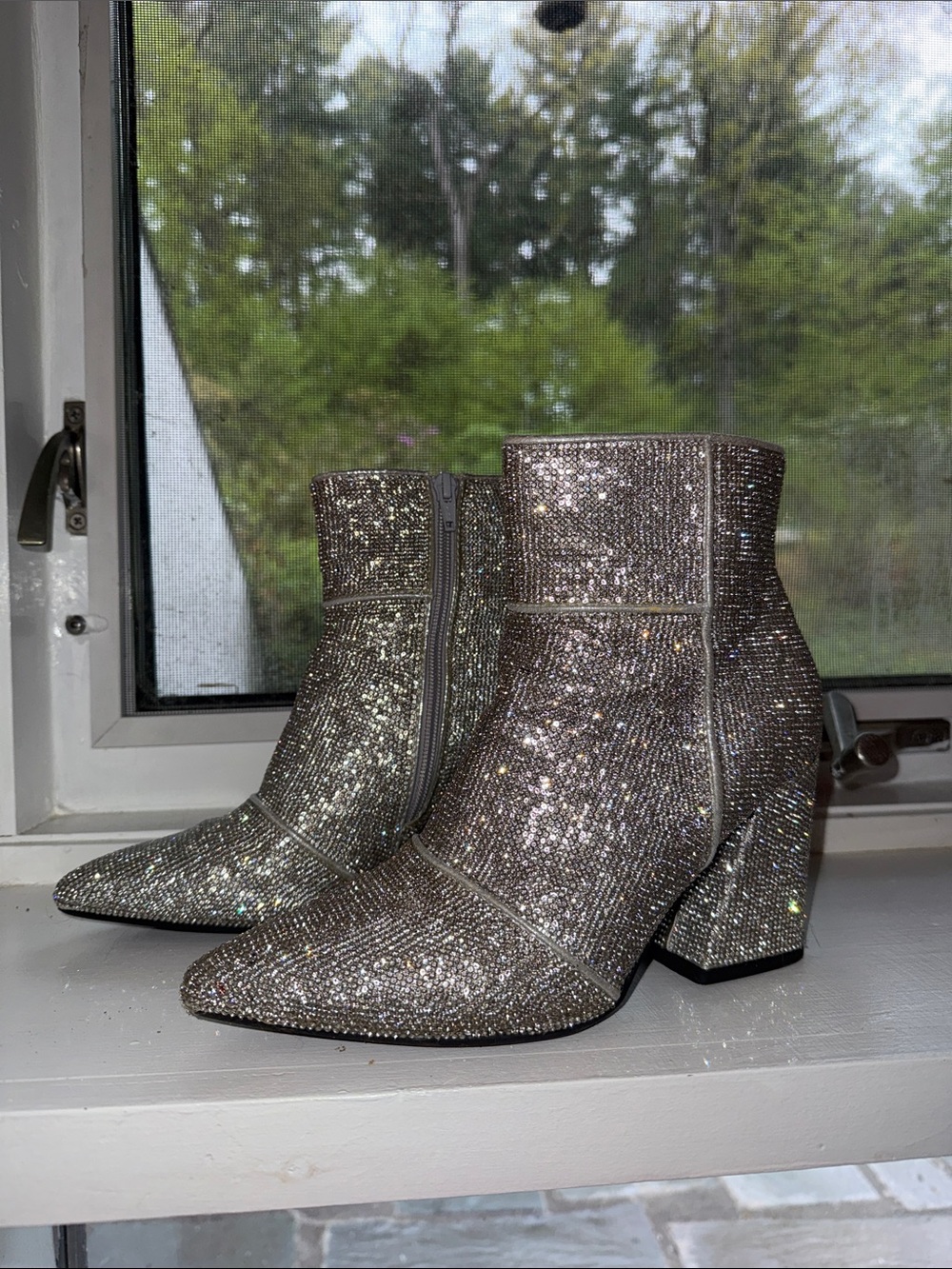 Rhinestone Pointed-Toe Ankle Boots in Silver